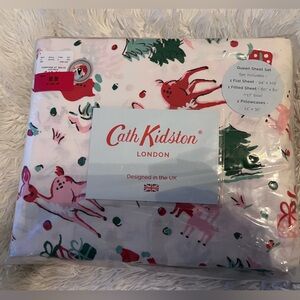 NWT CATH KIDSTON Pink Christmas Ditsy Deer 4 Piece Queen Size Sheet Set